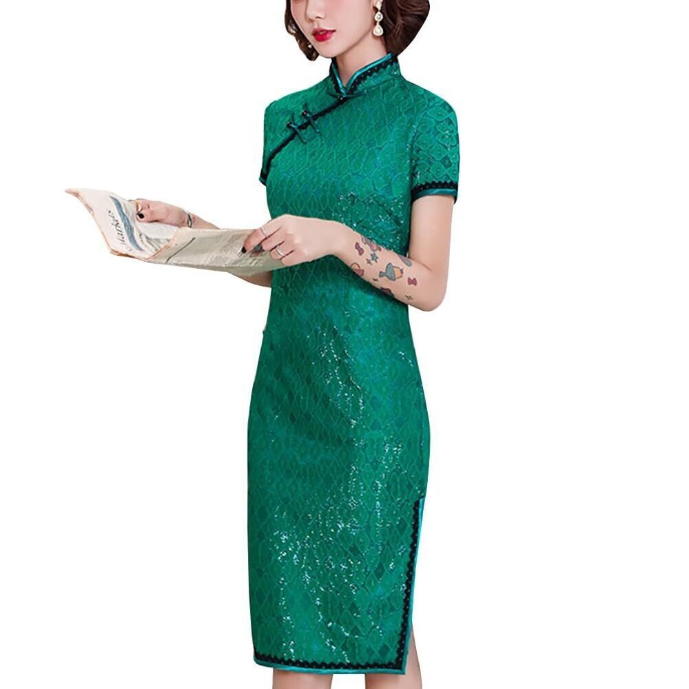 8899 Vintage Tradtional Cheongsam Costume Crane Embroidery Lace Side Slit